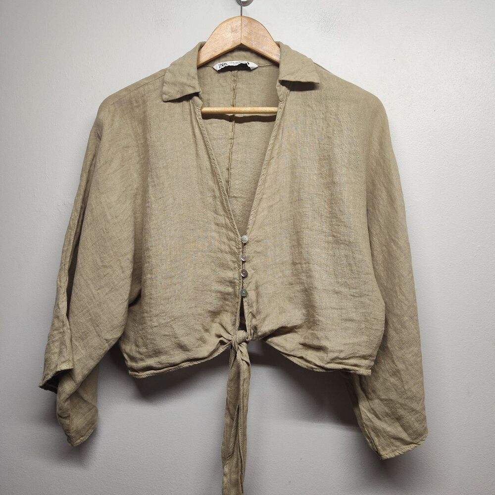 Zara Linen Crop Top Women XS Tan Oversized 3/4 Flare Sleeve Boho Minimalist